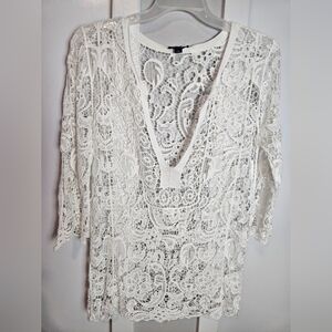 Brittany Black White Crochet Lace Tunic Top Cover Up XL